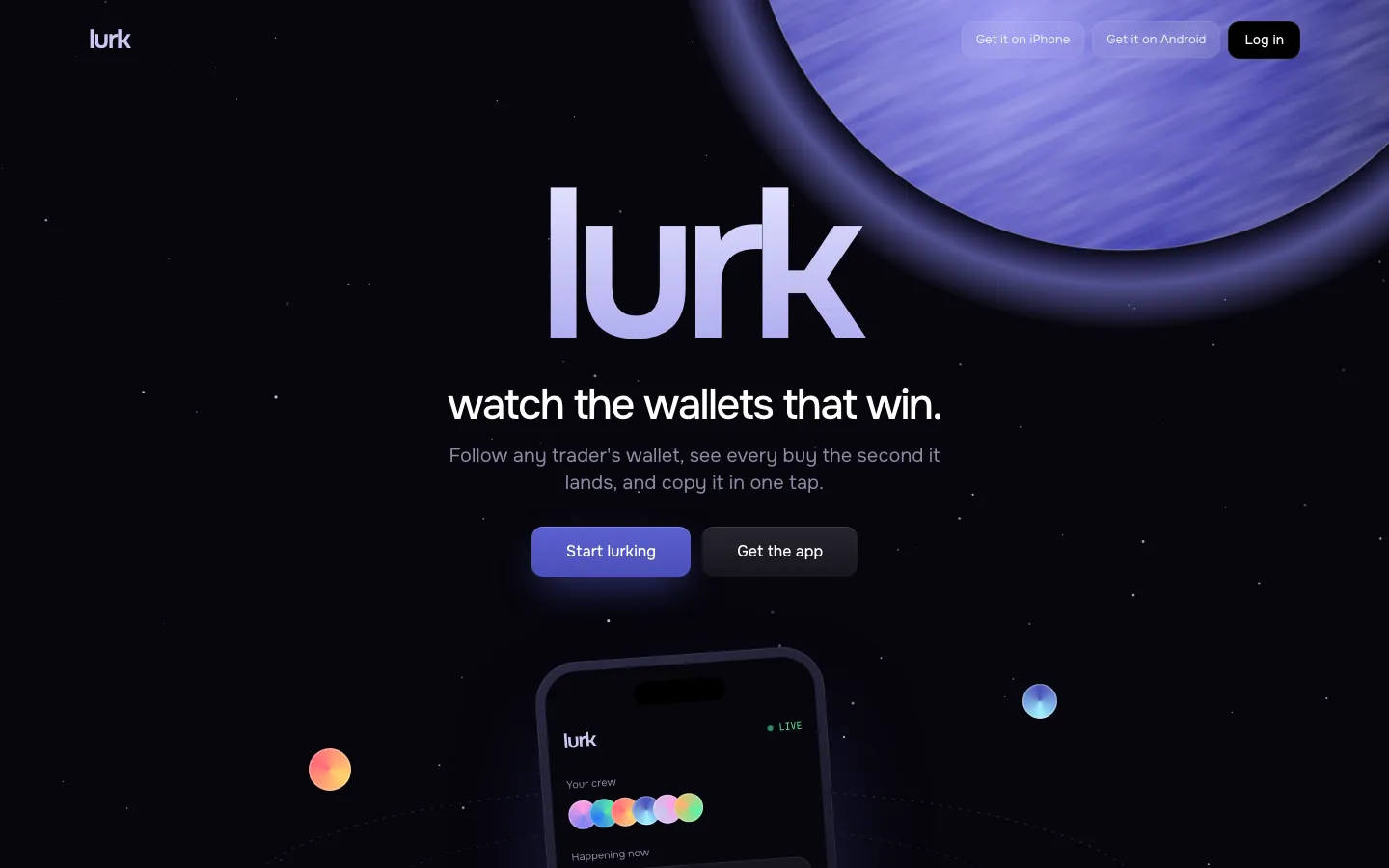 Lurk, social trading app landing page concept
